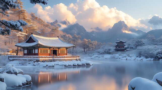 Snowy temple sunrise, mountain lake reflection, winter travel postcard