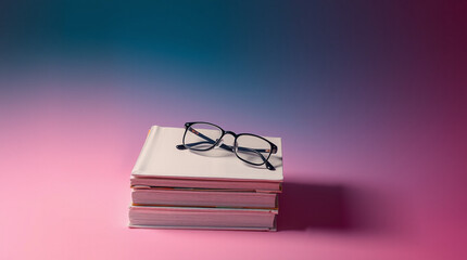 Eyeglasses resting on a stack of books against a vibrant pink and blue gradient background.  Perfect for education, reading, or knowledge concepts.