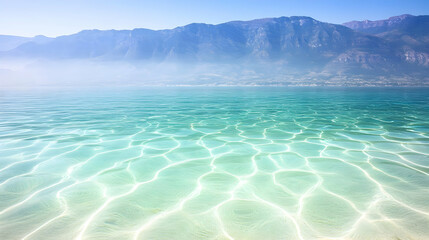 Tranquil Lake Water Ripples Reflecting Sunlight with Misty Mountains in the Background Peacefully.
