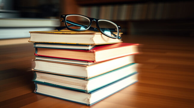 Stack of books with glasses on top, resting on a wooden surface.  A quiet study scene. - Powered by Adobe