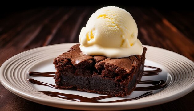Generated image A rich chocolate brownie with a scoop of vanilla ice cream melting on top