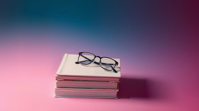 Eyeglasses resting on a stack of books against a vibrant pink and blue gradient background.  Perfect for education, reading, or knowledge concepts.