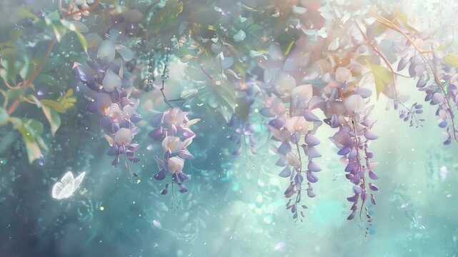 wisteria in the style of ghostly ethereal flowers with light and dust seamless looping overlay 4k virtual video animation background