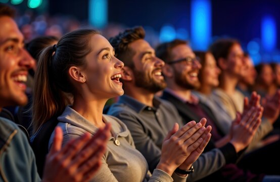 Audience joyfully applauds live performance. People laugh, clap enthusiastically. Diverse group enjoys event. Energetic positive vibes at public show. Emotional reaction evident. Culture, art form