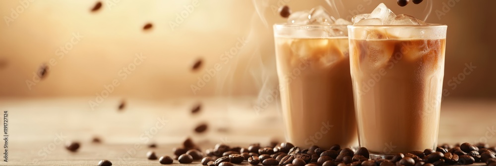 Aufkleber Two glasses of iced coffee sit on a table with coffee beans scattered around them and more falling from above, creating a refreshing and inviting scene