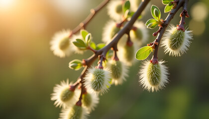 Fototapeta premium A close-up of fresh willow branches, showing the delicate texture of fluffy kokoshniks and the subtle green of emerging leaves