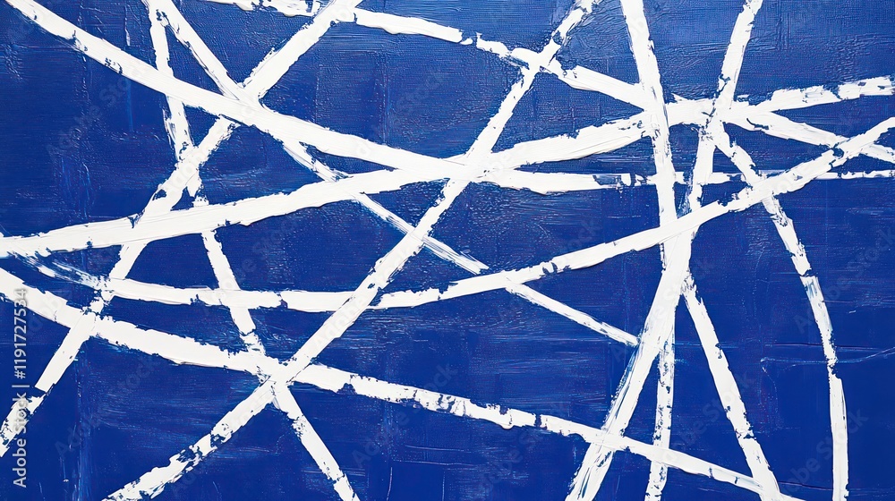 Poster abstract blue and white textured painting with intersecting lines.