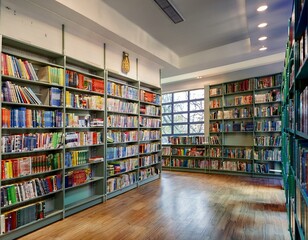 Generated image A spacious library with colorful bookshelves showcasing a vast collection of literature