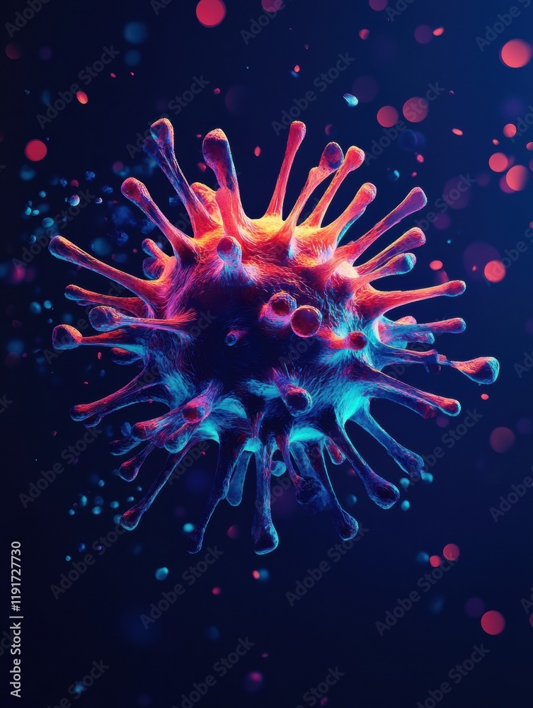 Fototapete graphical representation of a minimalistic virus with vibrant colors set against a dark background. 