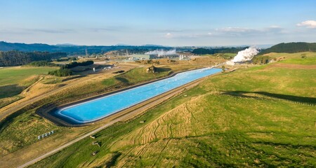 Fototapeta premium Aerial view of a geothermal power plant's heat exchange canal. Steam rises from the facility, located amidst rural New Zealand landscape. TE MIHI GEOTHERMAL POWER STATION, TAUPO, WAIKATO, NEW ZEALAND