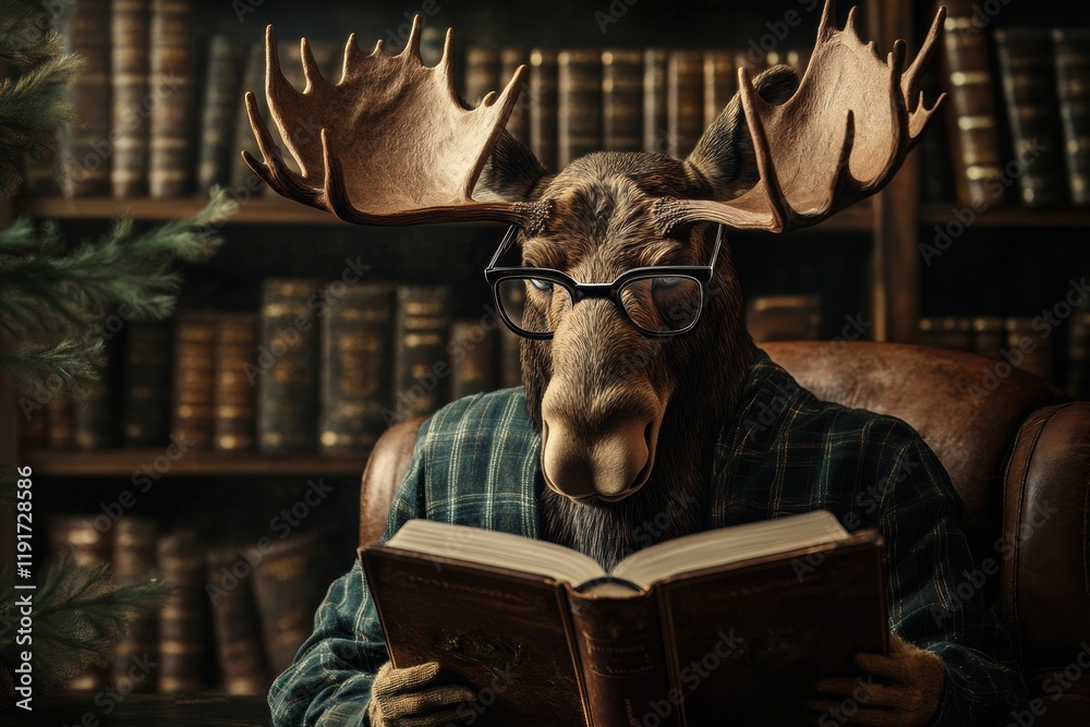 Aufkleber moose in reading glasses immersed in a book in a vintage library filled with classic literature. gen