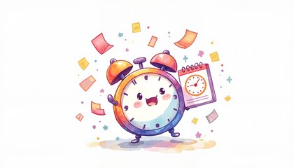 Happy alarm clock celebrating with a calendar
