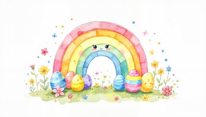 Fototapeta premium Cute rainbow with Easter eggs on a floral background