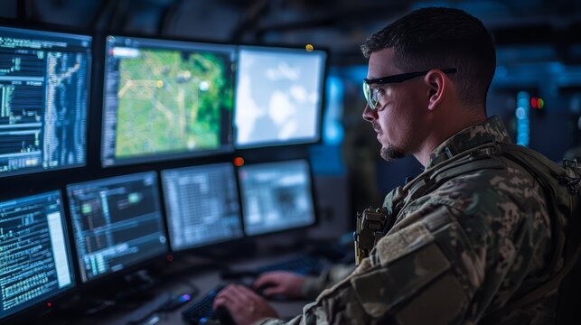 Military man at computer, soldier using technology in uniform for duty and service