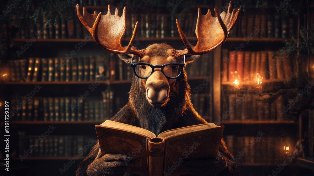 Poster moose wearing reading glasses enjoys a book in a vintage library filled with shelves of old literatu