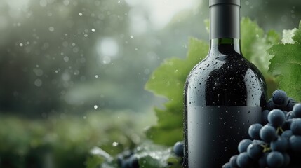 A sleek wine bottle glistens with droplets, nestled among fresh grapes on a vine. The backdrop reveals a vibrant vineyard scene illuminated by soft, diffused light during a gentle rain