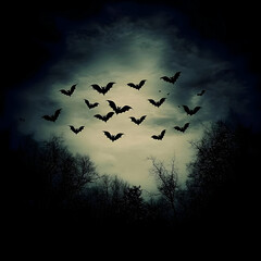 Fototapeta premium Bats Fly Over a Spooky Forest Under a Dark and Cloudy Night Sky