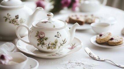 Fototapeta premium Indulge in Elegance: Tea Time with Delicate Tea Sets, Cakes
