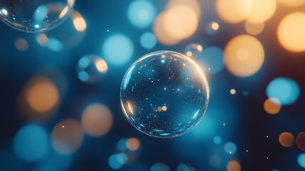 Close-up of blue exosome particles inside transparent spheres, representing biotechnology and scientific visualization in cosmetology and trichology, with blurred light tones highlighting chaos