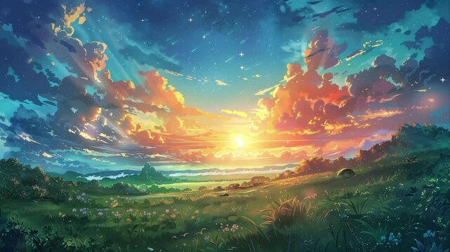 wonderful epic landscape illustration of the sun with cloud seamless looping overlay 4k virtual video animation background