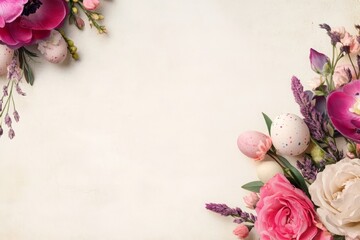 Elegant floral frame with spring flowers and subtle Easter eggs, soft gradient background