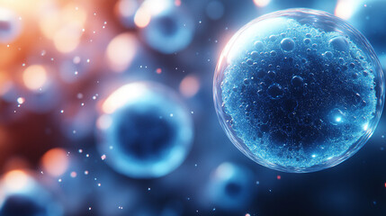 Close-up of blue exosome particles inside transparent spheres, representing biotechnology and scientific visualization in cosmetology and trichology, with blurred light tones highlighting chaos