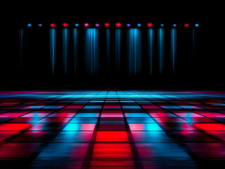 Neon Lights Illuminate a Checkered Dance Floor with Blue and Red Hues
