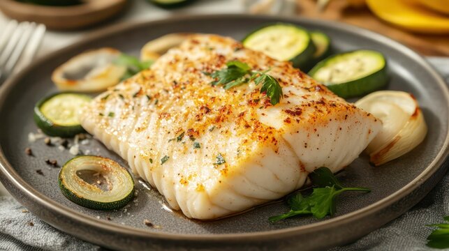Baked cod fillet with roasted zucchini and onions on a dark grey plate.