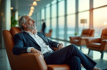 Mature businessman sits in comfortable airport VIP lounge chair. Looks thoughtfully out large windows. Airport lounge offers relaxing environment before flight. Man relaxed, waiting for flight.
