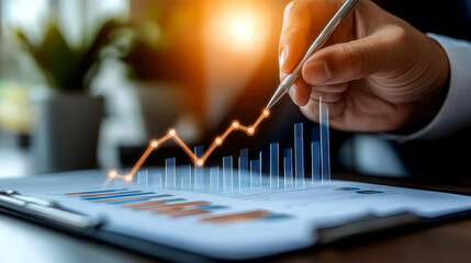 A professional is engaging in a detailed examination of business growth trends, using data visualization tools to analyze performance metrics in a contemporary office environment