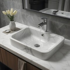 Fototapeta premium A square wash basin with a minimalist style and a mirror in the bathroom