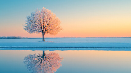 A serene cold season outdoors landscape with a frost-covered tree by a lake at sunrise, reflecting in the icy water, the ground blanketed in snow and ice, with a blurred bright light tone

