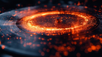 Glowing disc spinning, sparks, dark background, futuristic design