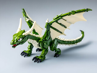 Obraz premium Green and White Articulated Dragon Toy Figure with Spread Wings and Posed on Gray Surface
