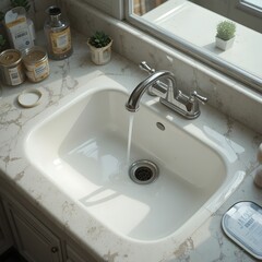 Fototapeta premium Minimalist square wash basin next to the window