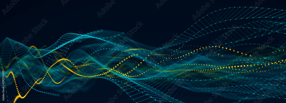 Fototapete Digital technology background. Dynamic wave of glowing points. Futuristic background for presentation design. 3d rendering.