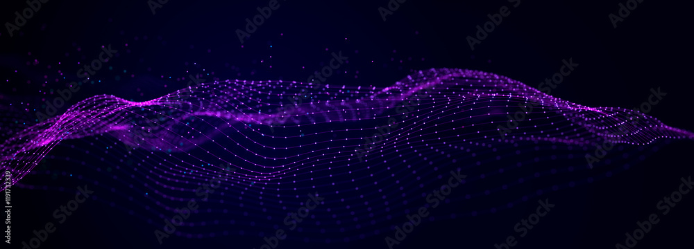 Poster Futuristic wave on dark background. Colored pattern of connection dots and lines. Technology Banner. 3D Widescreen	