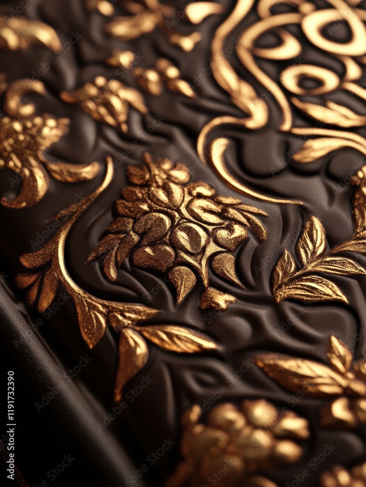 Poster pistachio filled chocolate bar adorned with intricate arabic arabesque patterns and golden accents. 
