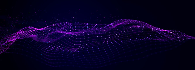 Futuristic wave on dark background. Colored pattern of connection dots and lines. Technology Banner. 3D Widescreen	