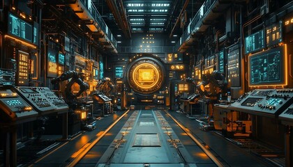 Fototapeta premium A factory floor filled with robotic arms and sensors transmitting real-time data to a central glowing dashboard, Industrial IoT Network