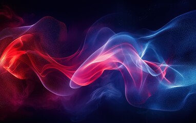 Abstract light painting with red and blue lights, long exposure, dark background, dynamic shapes and lines.