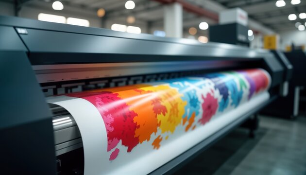 Large format printing machine prints colorful design on paper roll. Industrial printing equipment in action. Colorful pattern appears on media. Big industrial machine works in factory. Production