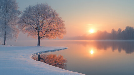 A serene cold season outdoors landscape with a frost-covered tree by a lake at sunrise, reflecting in the icy water, the ground blanketed in snow and ice, with a blurred bright light tone

