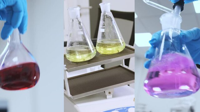 Video collage from chemical laboratory mixing solvents, using a shaker and applied titration analysis. 