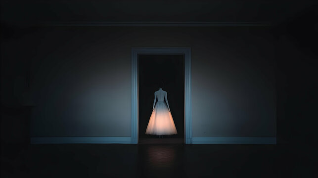 A Mannequin Stands in a Dark Doorway Illuminating a Dress Gracefully and Mysteriously.