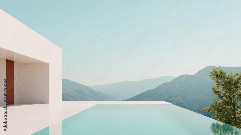 Poster modern, minimalist architecture defining a luxury resort features an infinity pool merging with brea