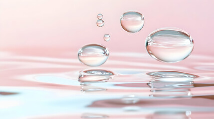 Floating Water Droplets Create Ripples on a Soft Pink and Blue Background