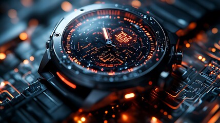 Futuristic watch, digital display, circuit board, glowing, technology
