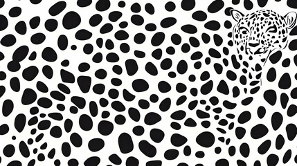 Spotted feline emerges subtly from a monochrome abstract backdrop with irregular black shapes.