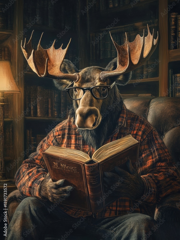 Aufkleber moose wearing reading glasses enjoys a book in a vintage library with warm lighting and wooden shelv